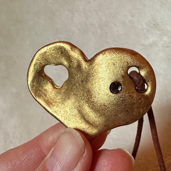 Gold Heart Pendant Necklace with Leather Brown Cord Crystal accent - Picture 7 of 11